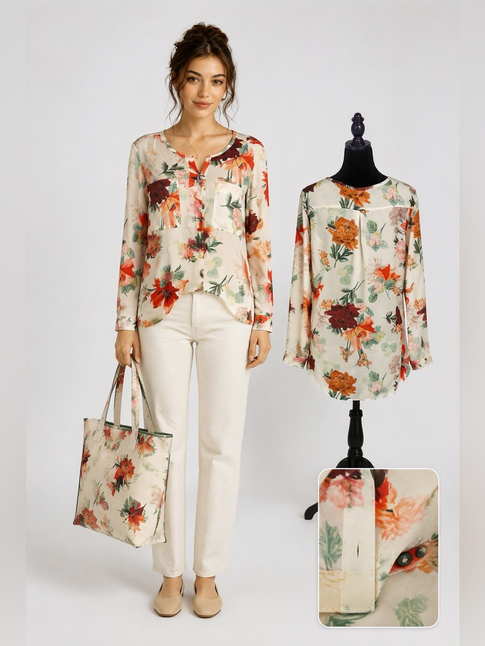 H&M White Floral Long-Sleeve Blouse with Red & Green Accents
